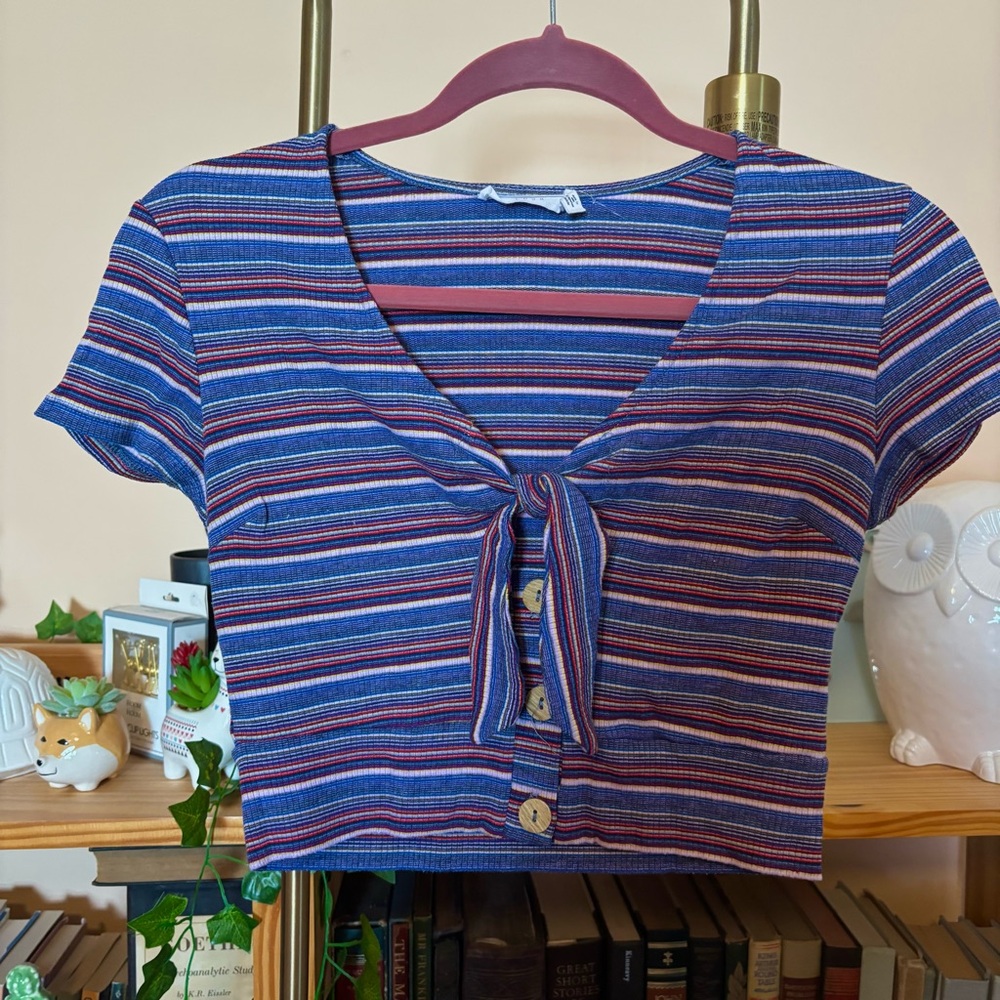 3 FOR $15 ‼️ Blue Striped Tie-Front Top with Buttons